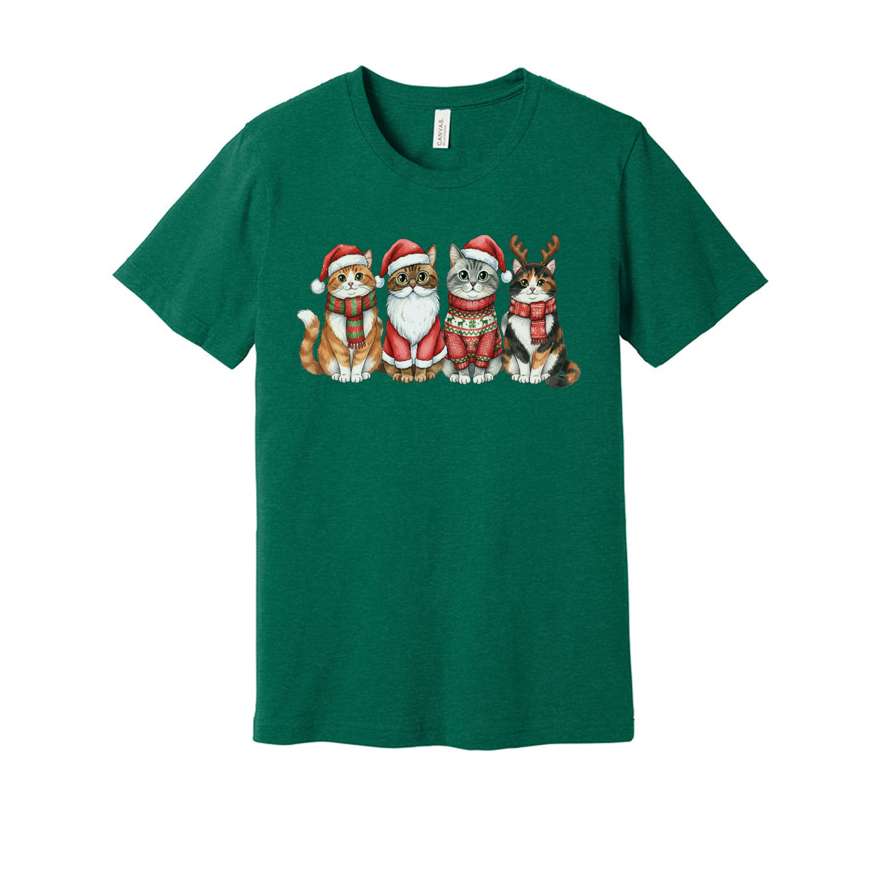 Unisex Christmas T Shirt Featuring Four Festive Cats In Santa Hats And Cozy Sweaters