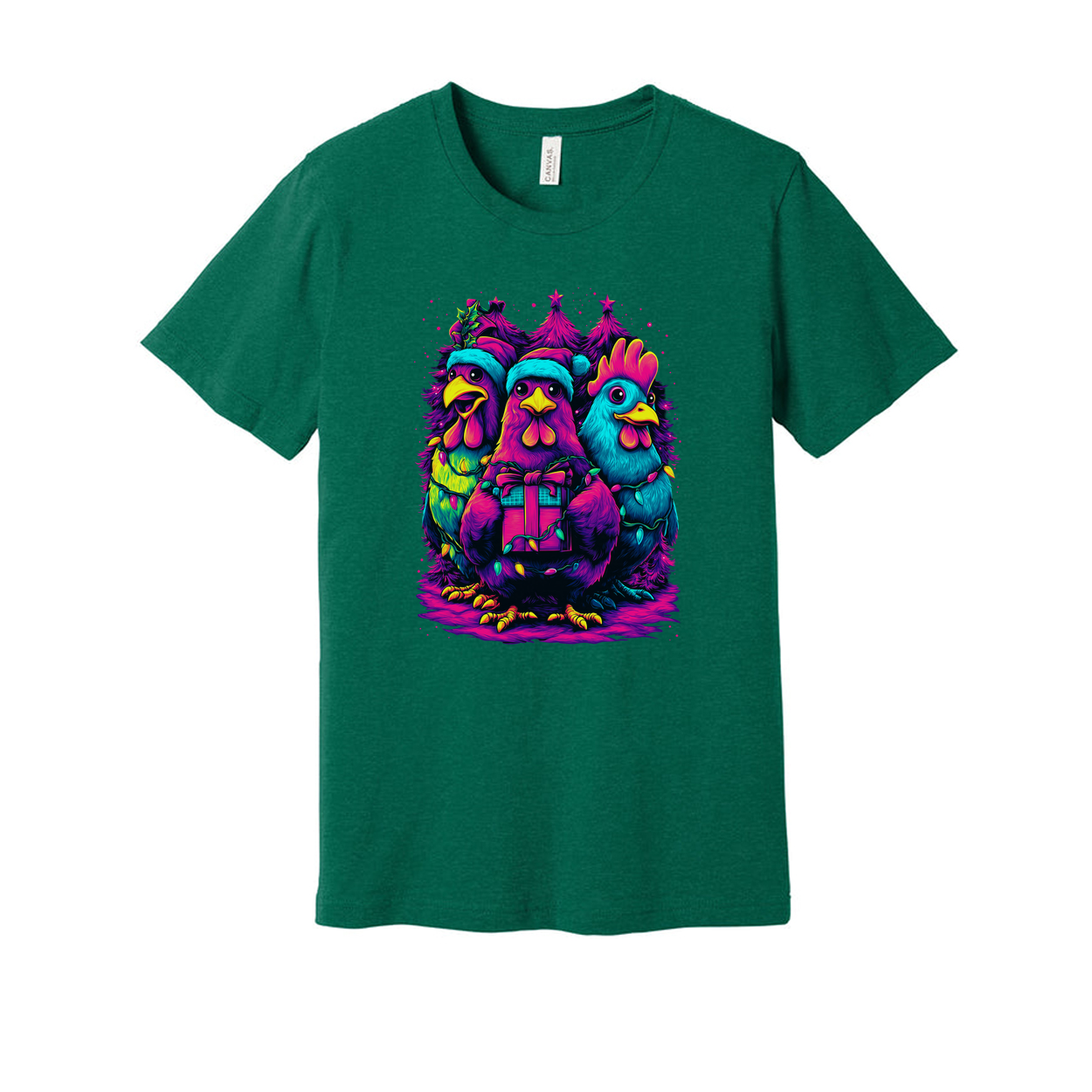 Unisex Christmas T Shirt With Neon Colorful Chickens Gift Box And Christmas Trees Graphic