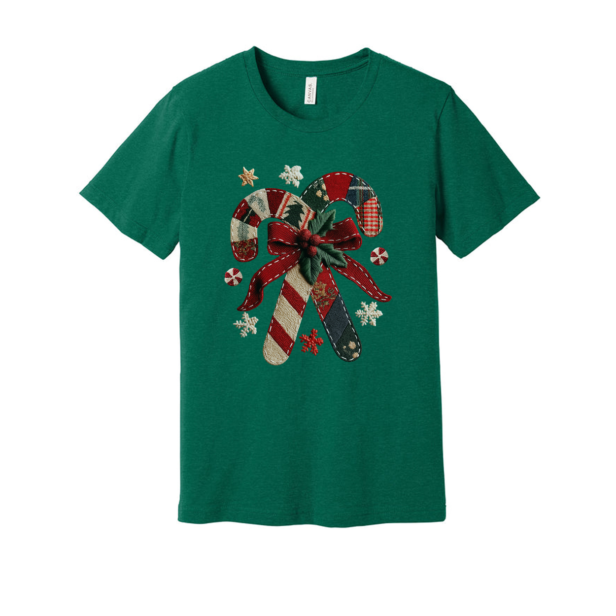 Unisex Christmas Candy Cane Bow Graphic T Shirt With Plaid Red Green Holiday Design