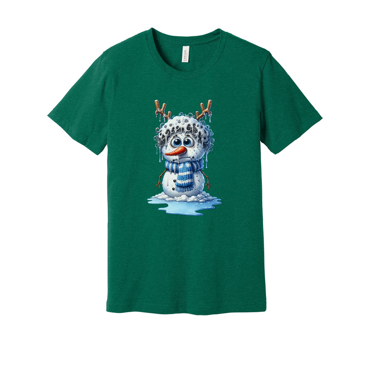 Unisex Snowman Illustration T Shirt With Blue Scarf Antler Twig Design And Melting Ice Splash