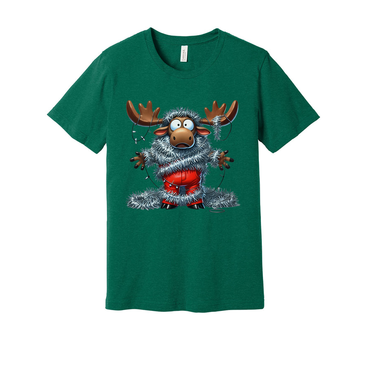 Unisex Christmas Moose Graphic T Shirt With Tinsel Lights Funny Festive Apparel Collection