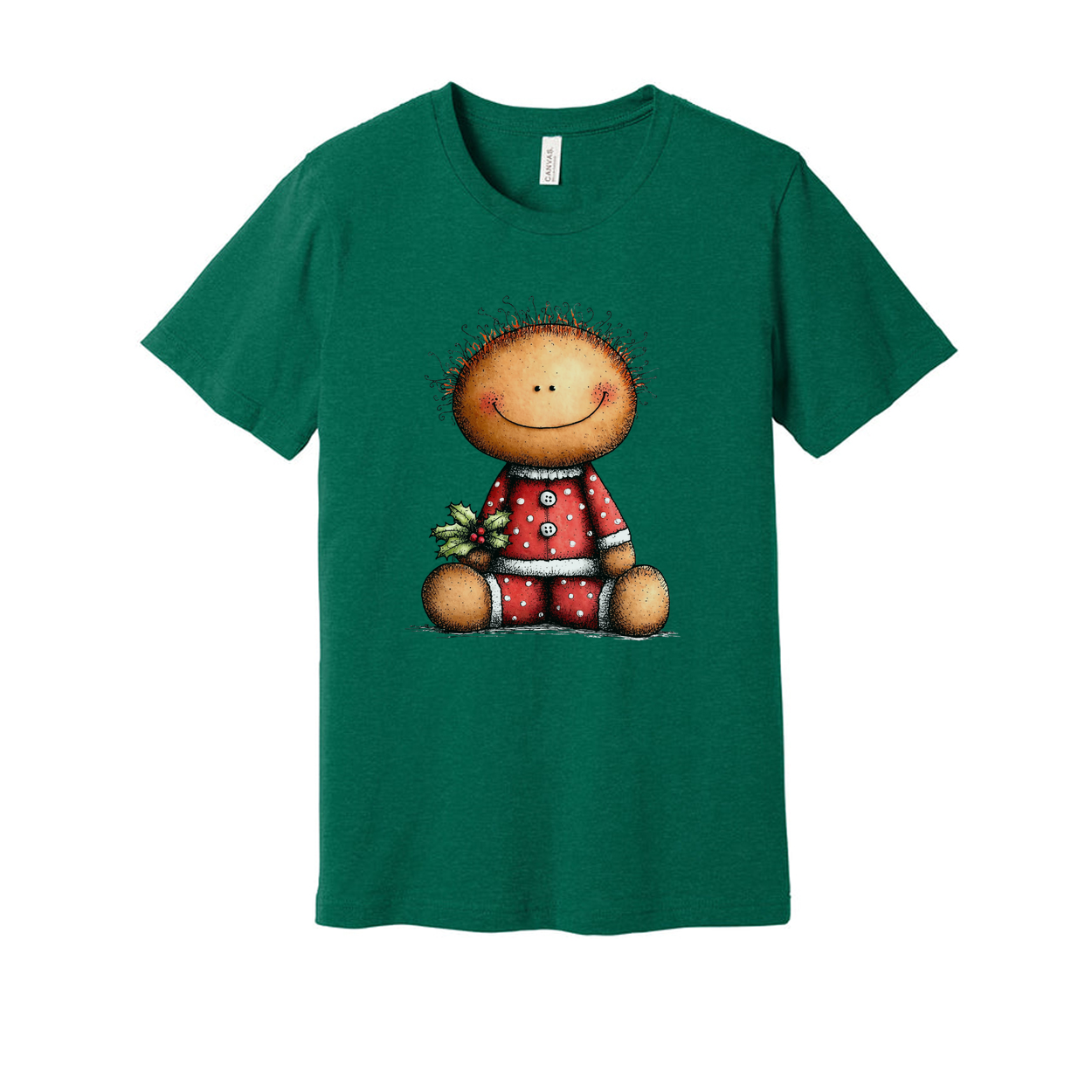 Unisex Christmas T Shirt Featuring Cute Smiley Doll In Red Polka Dot Pajamas And Holly