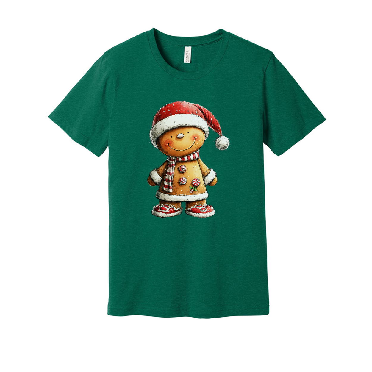 Gingerbread Man Christmas T Shirt With Santa Hat And Candy Cane Details Unisex Tee