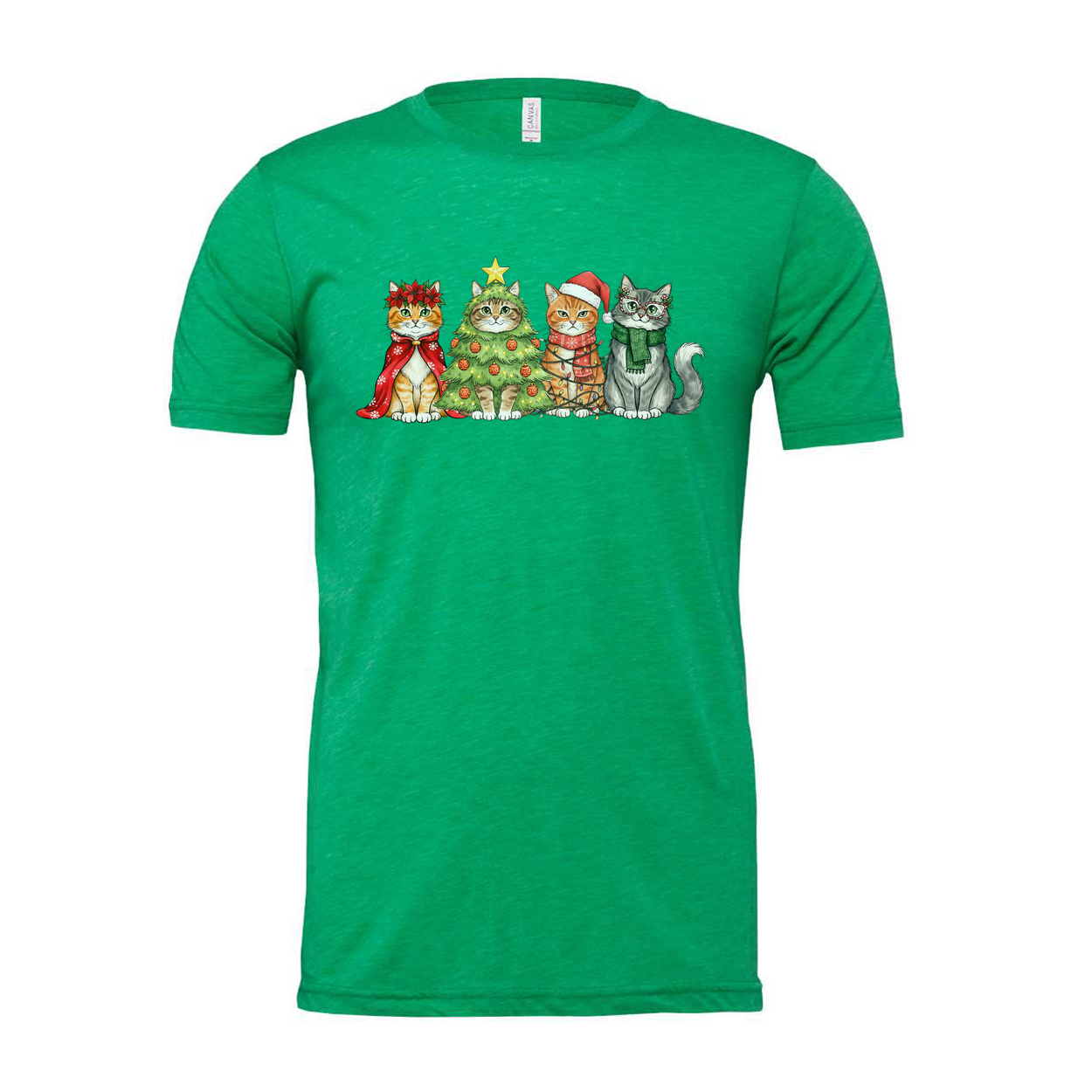 Unisex Christmas Cat T Shirt Featuring Five Festive Cats And A Decorated Christmas Tree Graphic