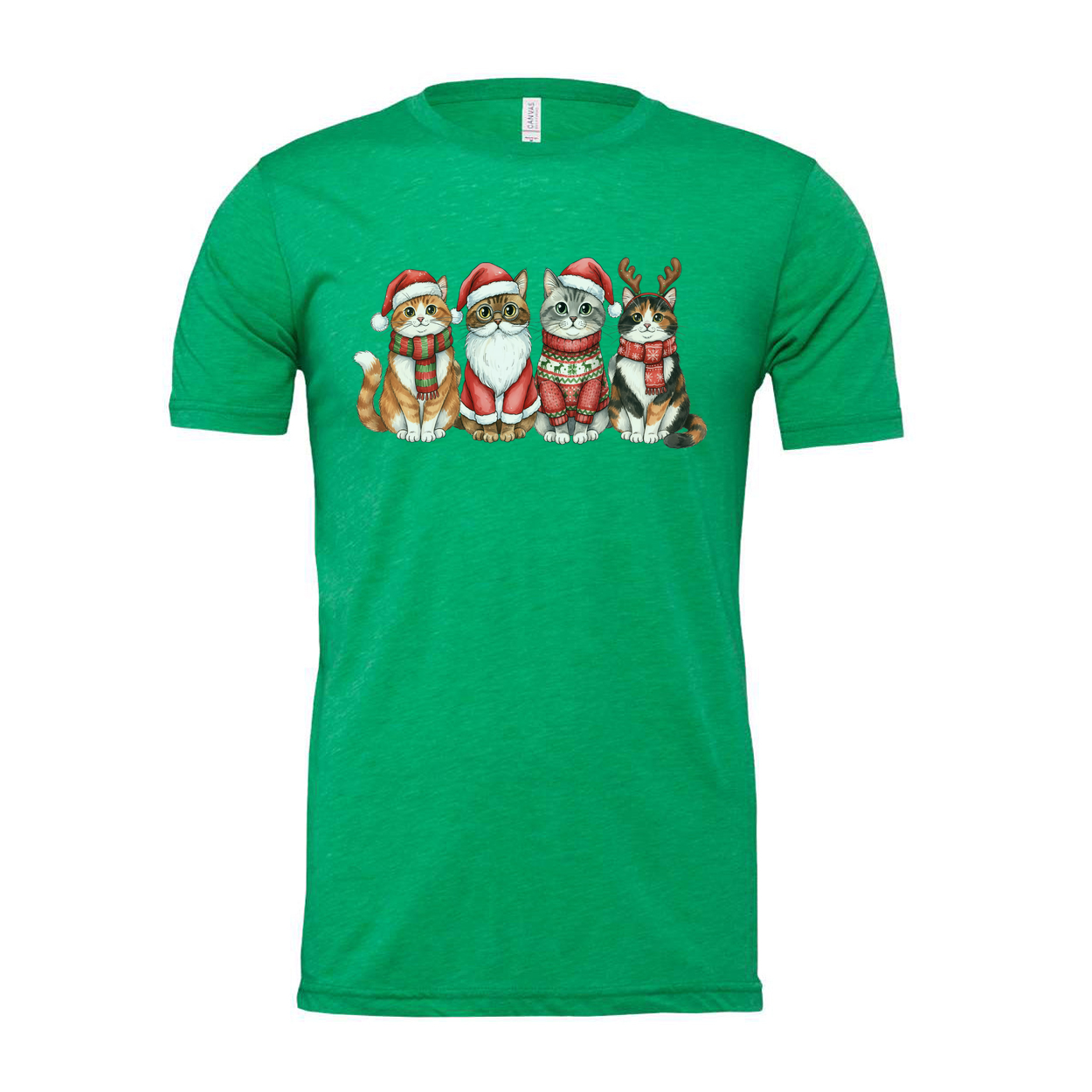 Unisex Christmas T Shirt Featuring Four Festive Cats In Santa Hats And Cozy Sweaters