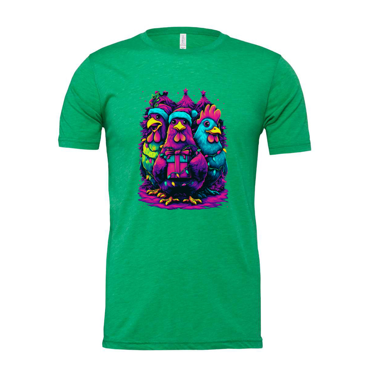 Unisex Christmas T Shirt With Neon Colorful Chickens Gift Box And Christmas Trees Graphic