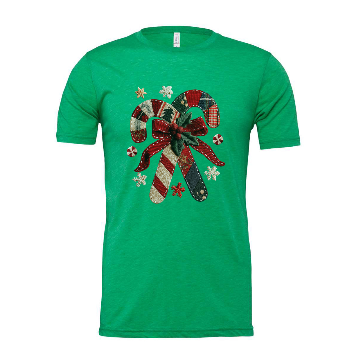 Unisex Christmas Candy Cane Bow Graphic T Shirt With Plaid Red Green Holiday Design
