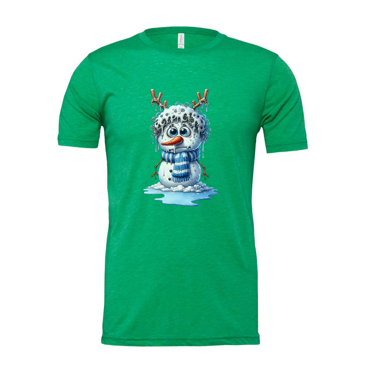 Unisex Snowman Illustration T Shirt With Blue Scarf Antler Twig Design And Melting Ice Splash