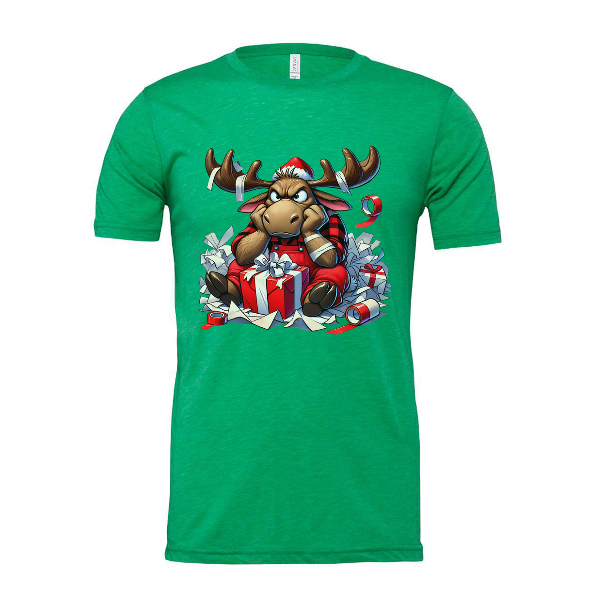 Unisex Christmas Moose Illustration T Shirt With Santa Hat And Gift Boxes Design