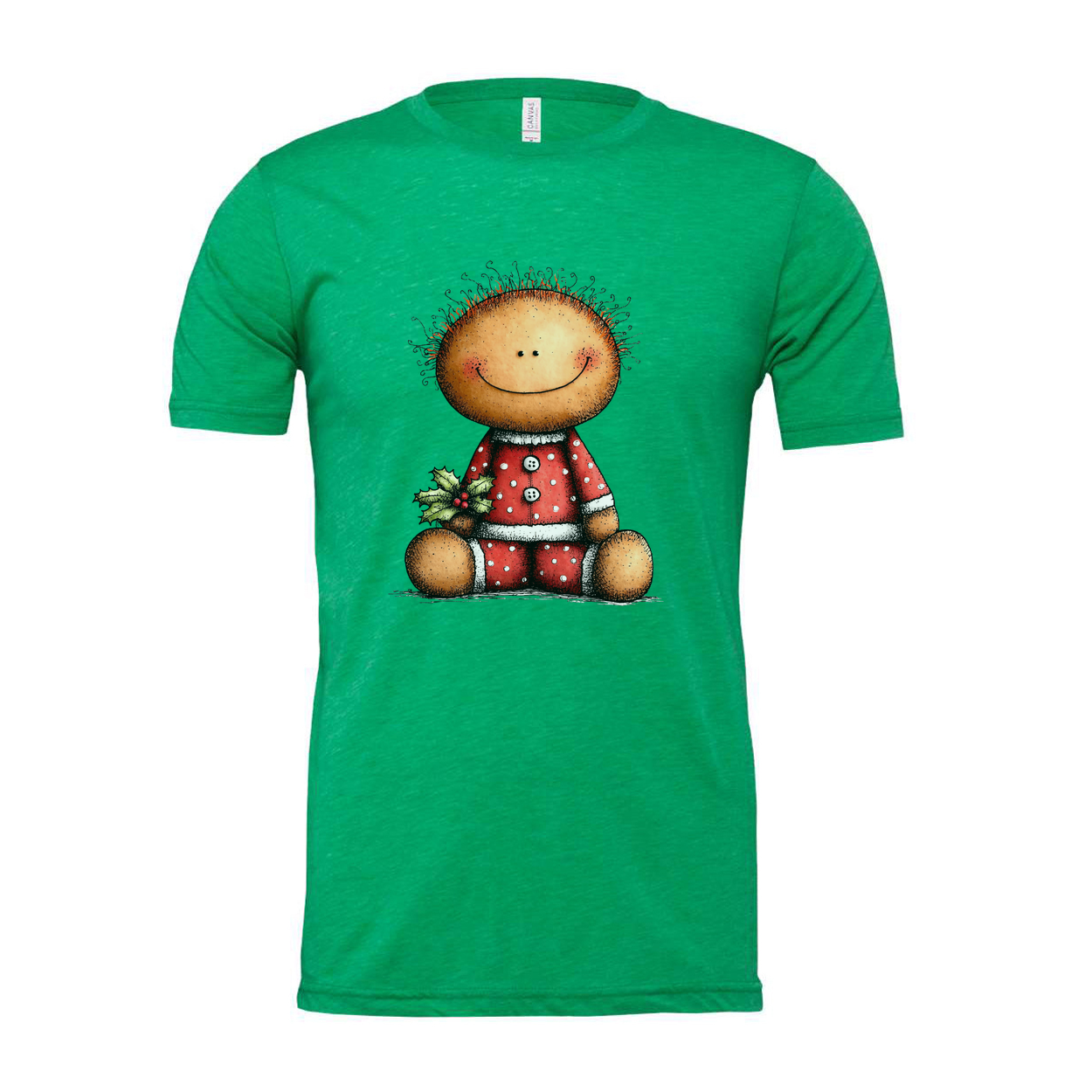 Unisex Christmas T Shirt Featuring Cute Smiley Doll In Red Polka Dot Pajamas And Holly
