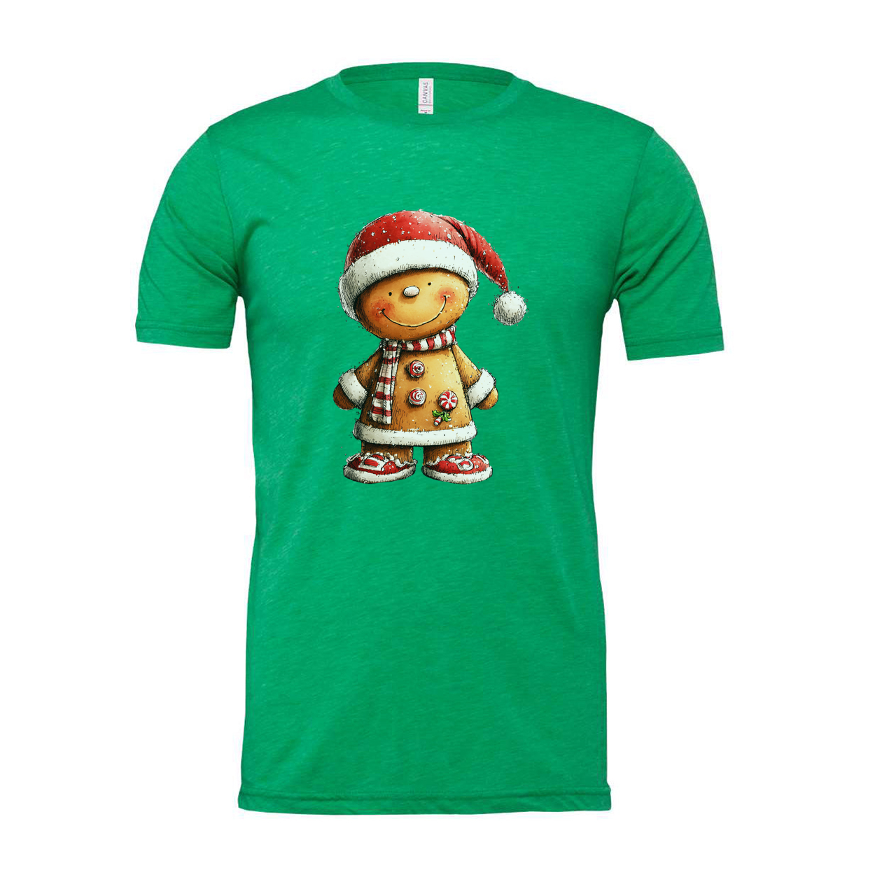 Gingerbread Man Christmas T Shirt With Santa Hat And Candy Cane Details Unisex Tee