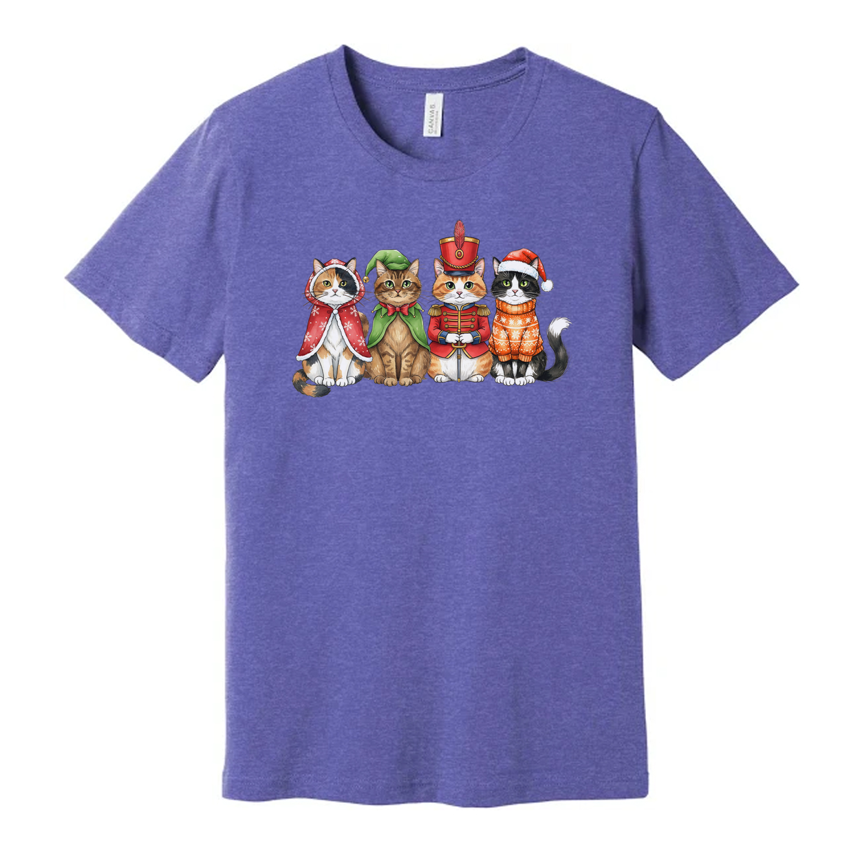Unisex White T Shirt Featuring Five Festive Cats In Christmas Costumes Artwork Colorful Illustration
