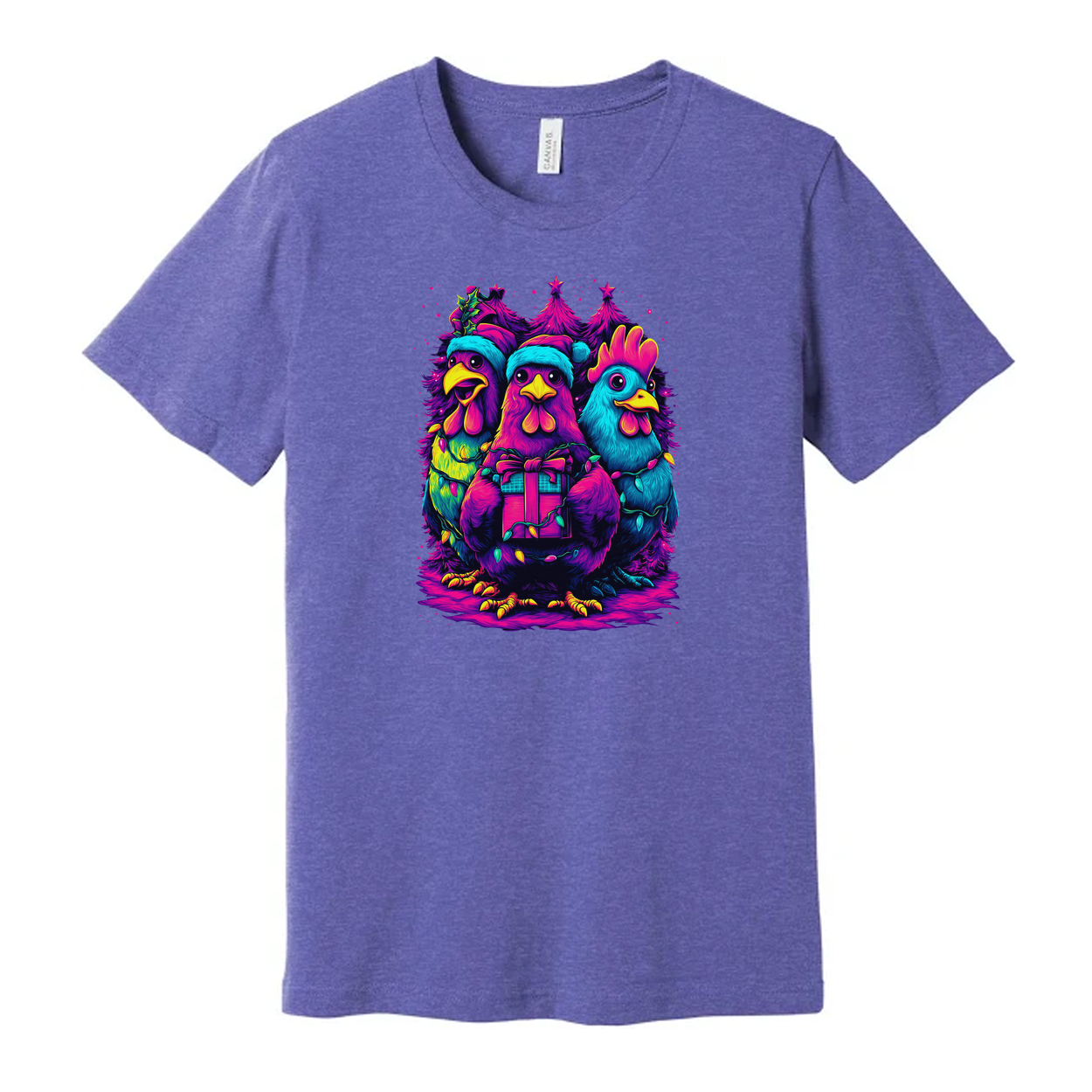 Unisex Christmas T Shirt With Neon Colorful Chickens Gift Box And Christmas Trees Graphic