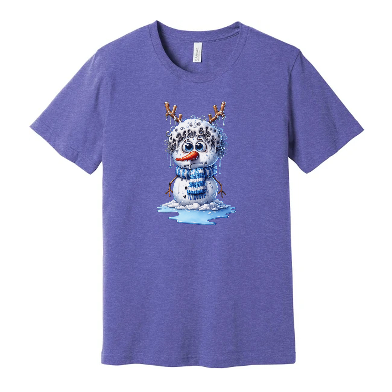 Unisex Snowman Illustration T Shirt With Blue Scarf Antler Twig Design And Melting Ice Splash