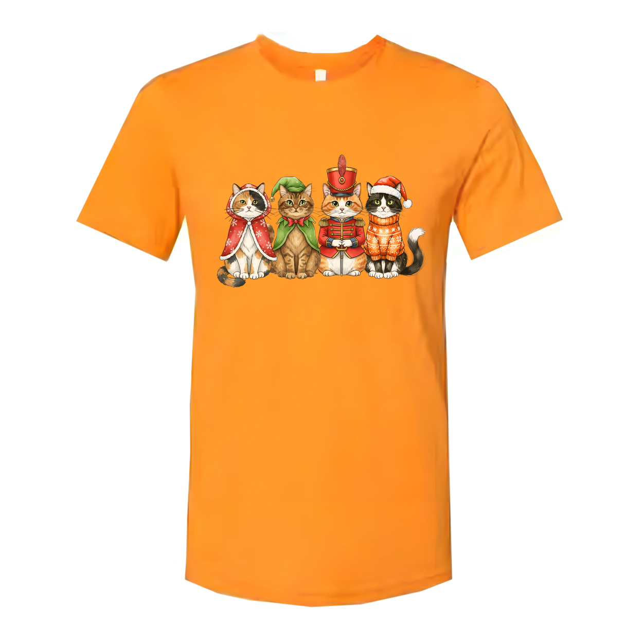 Unisex White T Shirt Featuring Five Festive Cats In Christmas Costumes Artwork Colorful Illustration