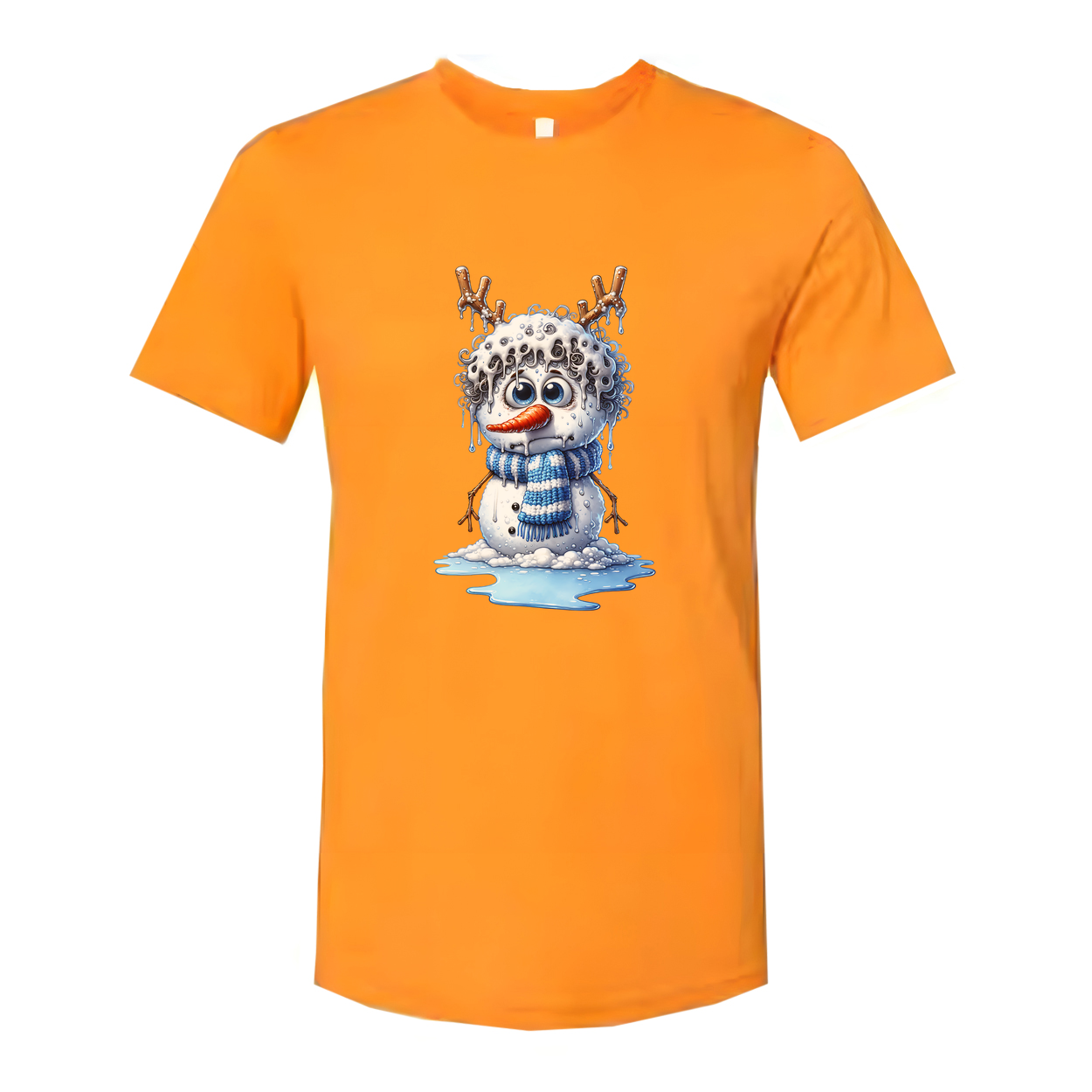 Unisex Snowman Illustration T Shirt With Blue Scarf Antler Twig Design And Melting Ice Splash