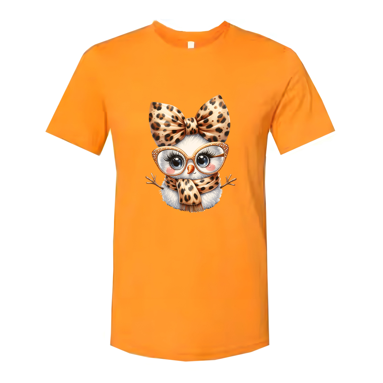 Unisex White T Shirt With Leopard Print Owl Graphic Wearing Bow Glasses And Scarf