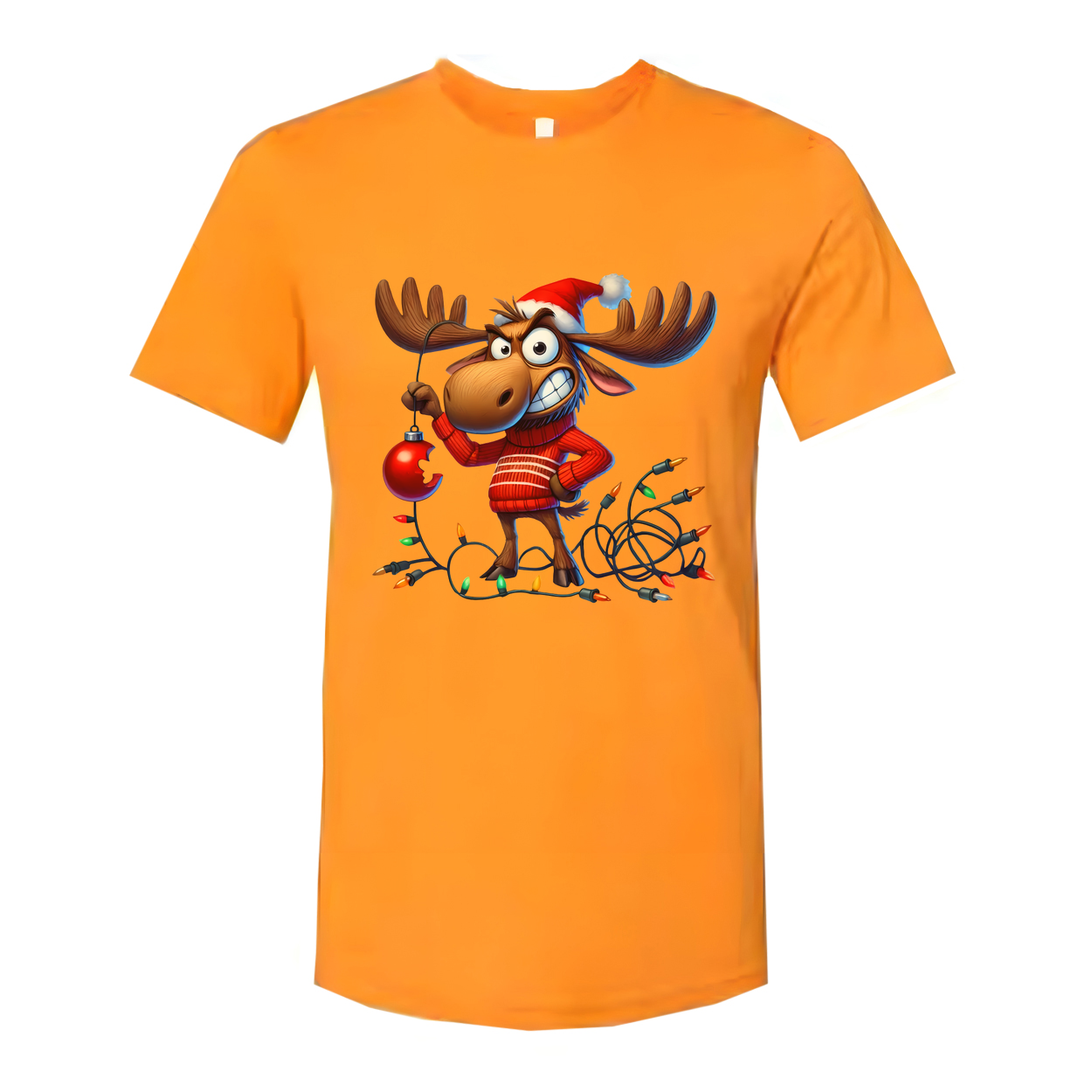 Unisex Christmas Moose T Shirt With Santa Hat And Twinkling Holiday Lights Graphic Tee