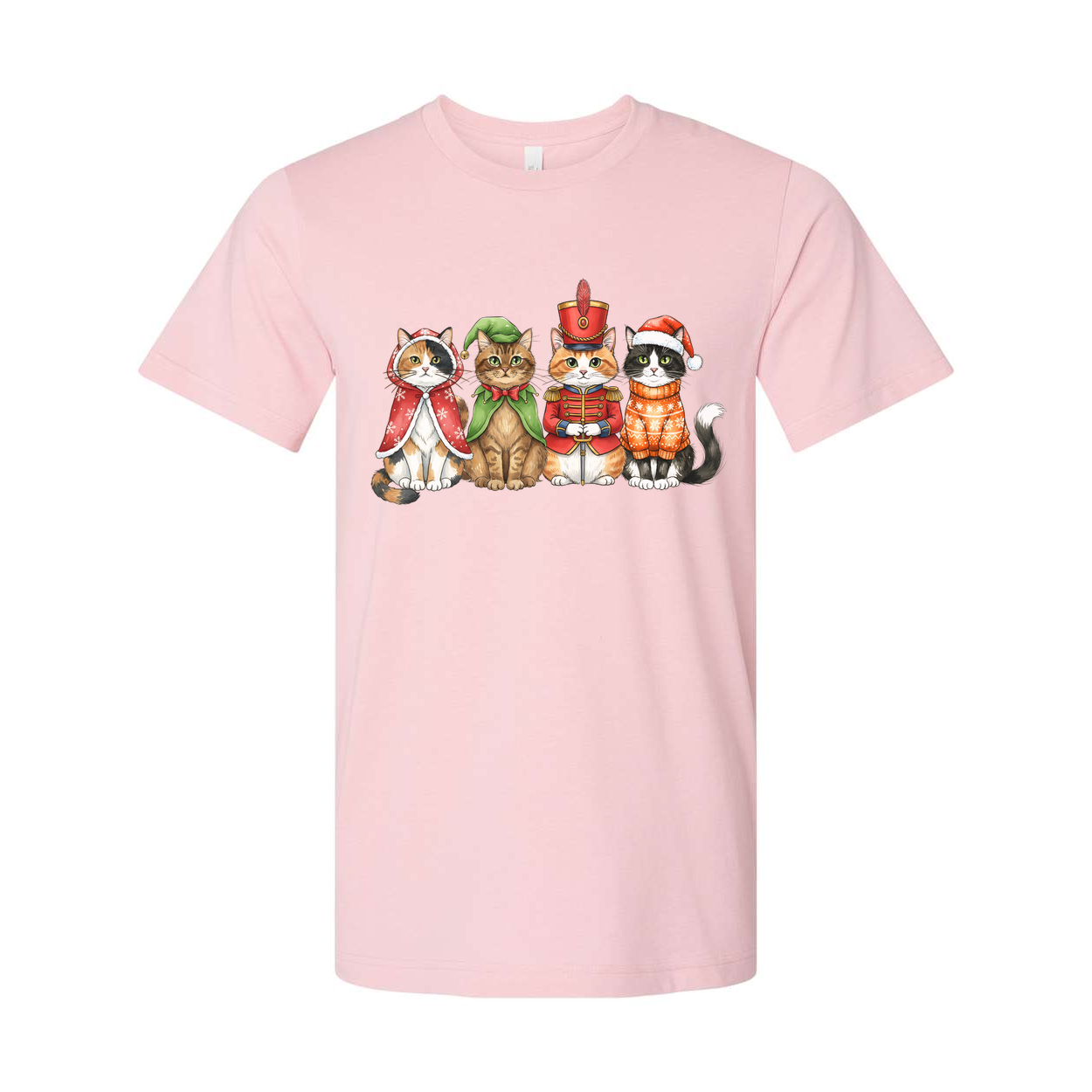 Unisex White T Shirt Featuring Five Festive Cats In Christmas Costumes Artwork Colorful Illustration