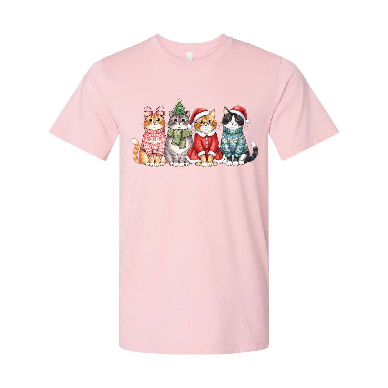 Holiday Cat Friends Christmas Themed T Shirt With Five Festive Cats Wearing Sweaters