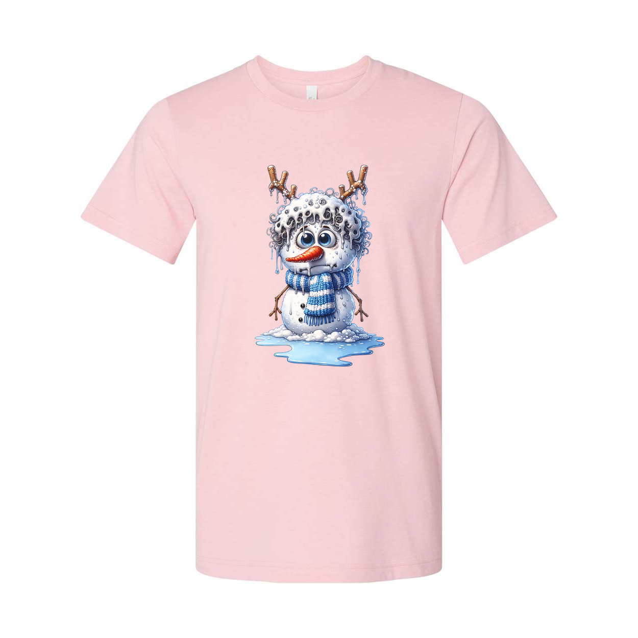 Unisex Snowman Illustration T Shirt With Blue Scarf Antler Twig Design And Melting Ice Splash
