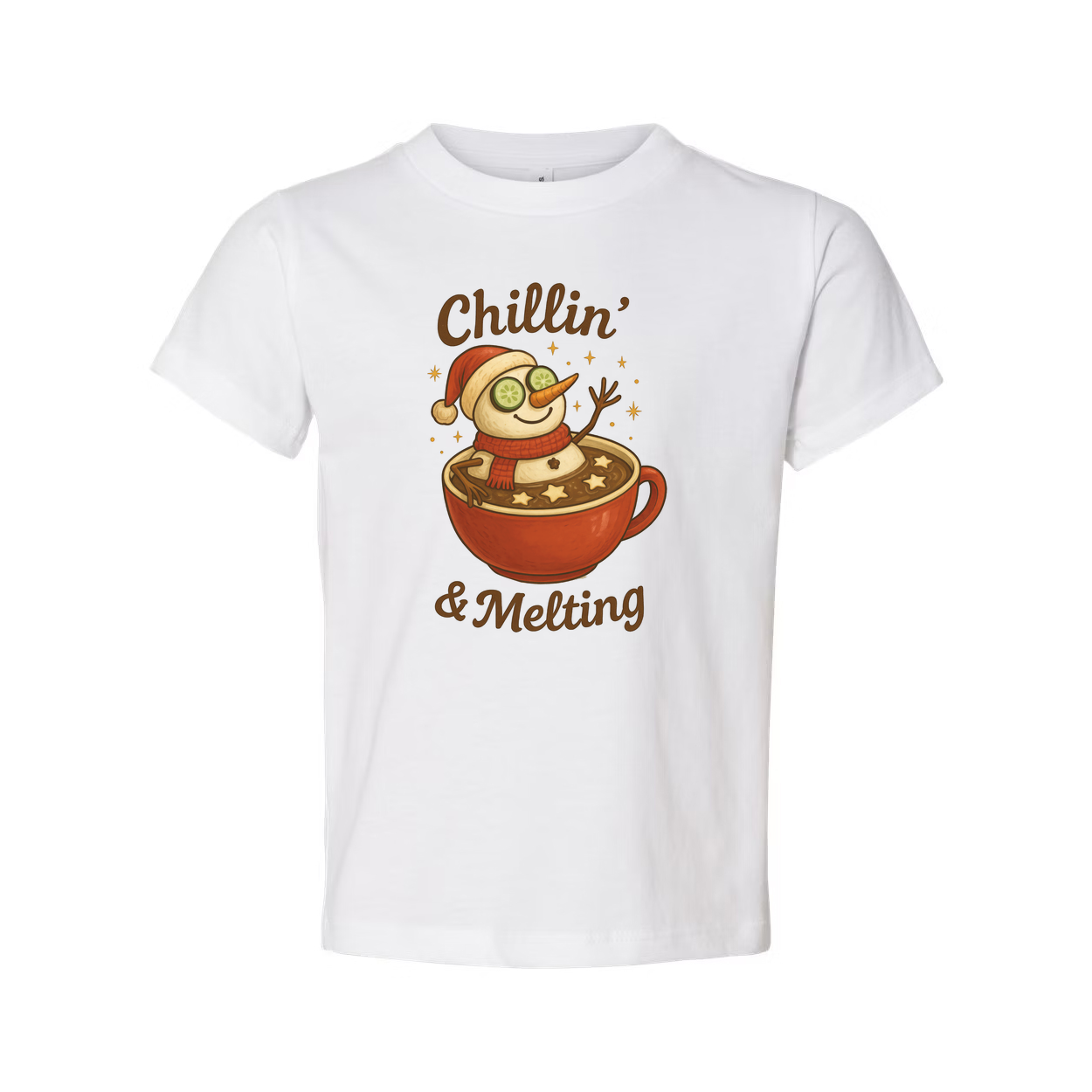 Unisex Christmas T Shirt White Graphic Tee Chillin And Melting Snowman Mug Hot Cocoa Design