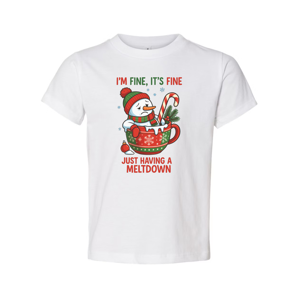Merry Christmas Unisex T Shirt With Snowman In A Festive Mug And Candy Cane Graphic And Meltdown Quote Im Fine Its Fine