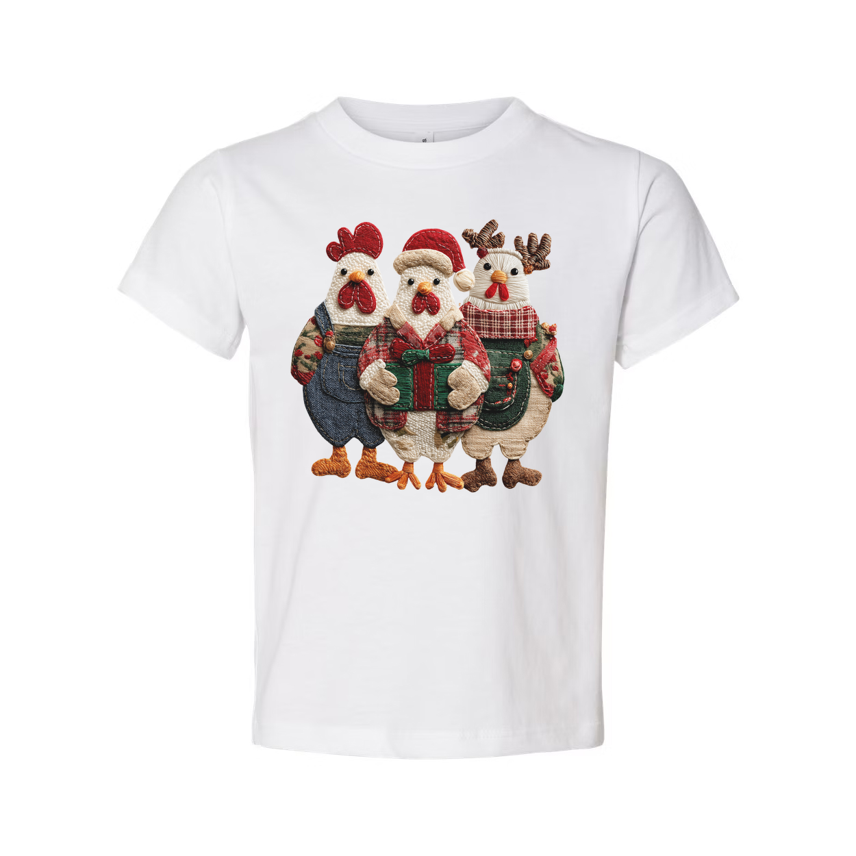 Unisex Christmas T Shirt With Festive Three Chickens In Holiday Outfits And Gift