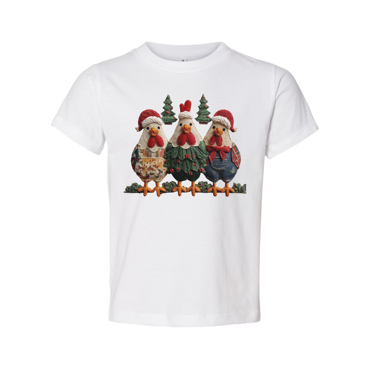 Three Christmas Chickens T Shirt With Santa Hats And Christmas Trees Design Holiday Cheer