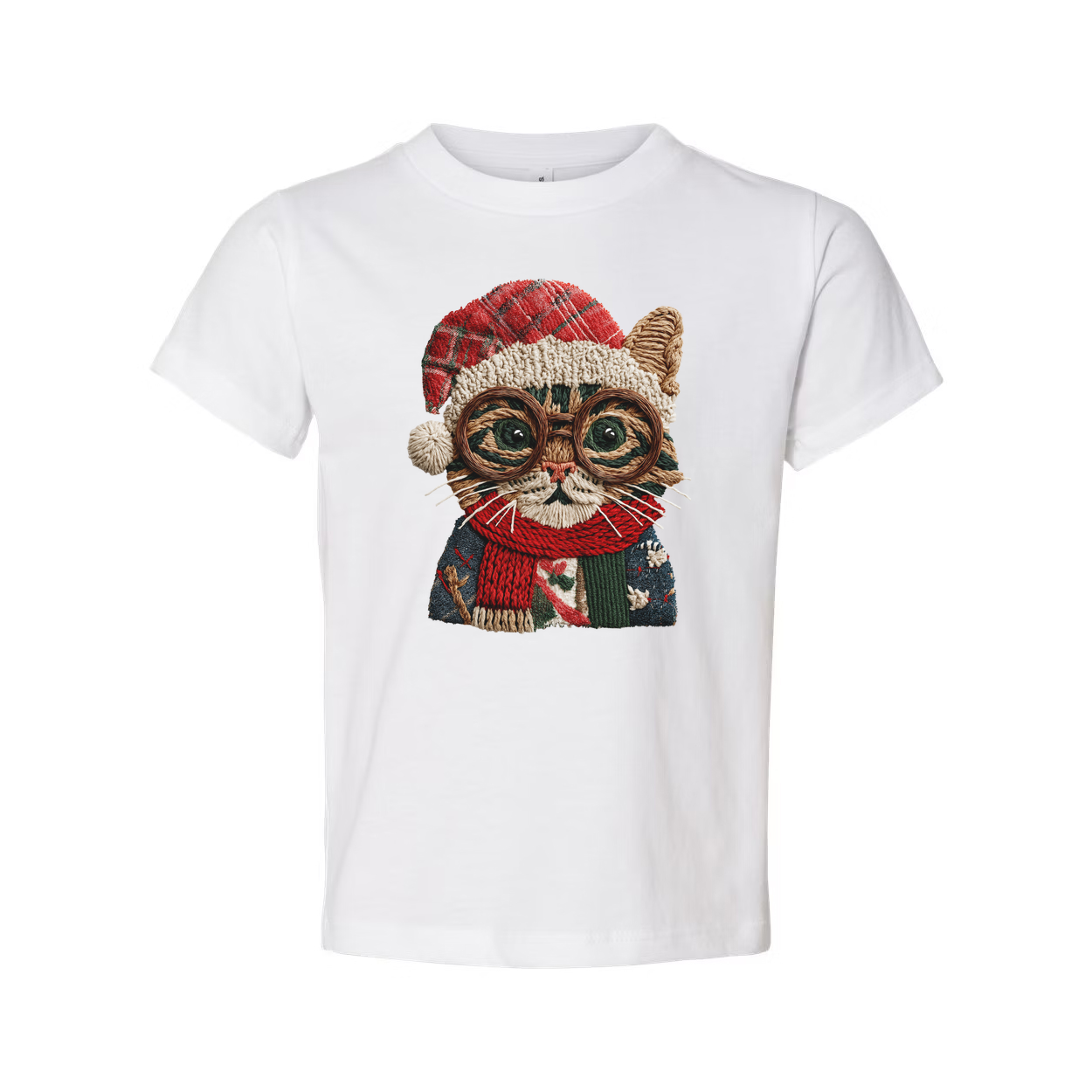 Unisex Christmas Cat Graphic T Shirt With Knitted Look Glasses Santa Hat And Scarf