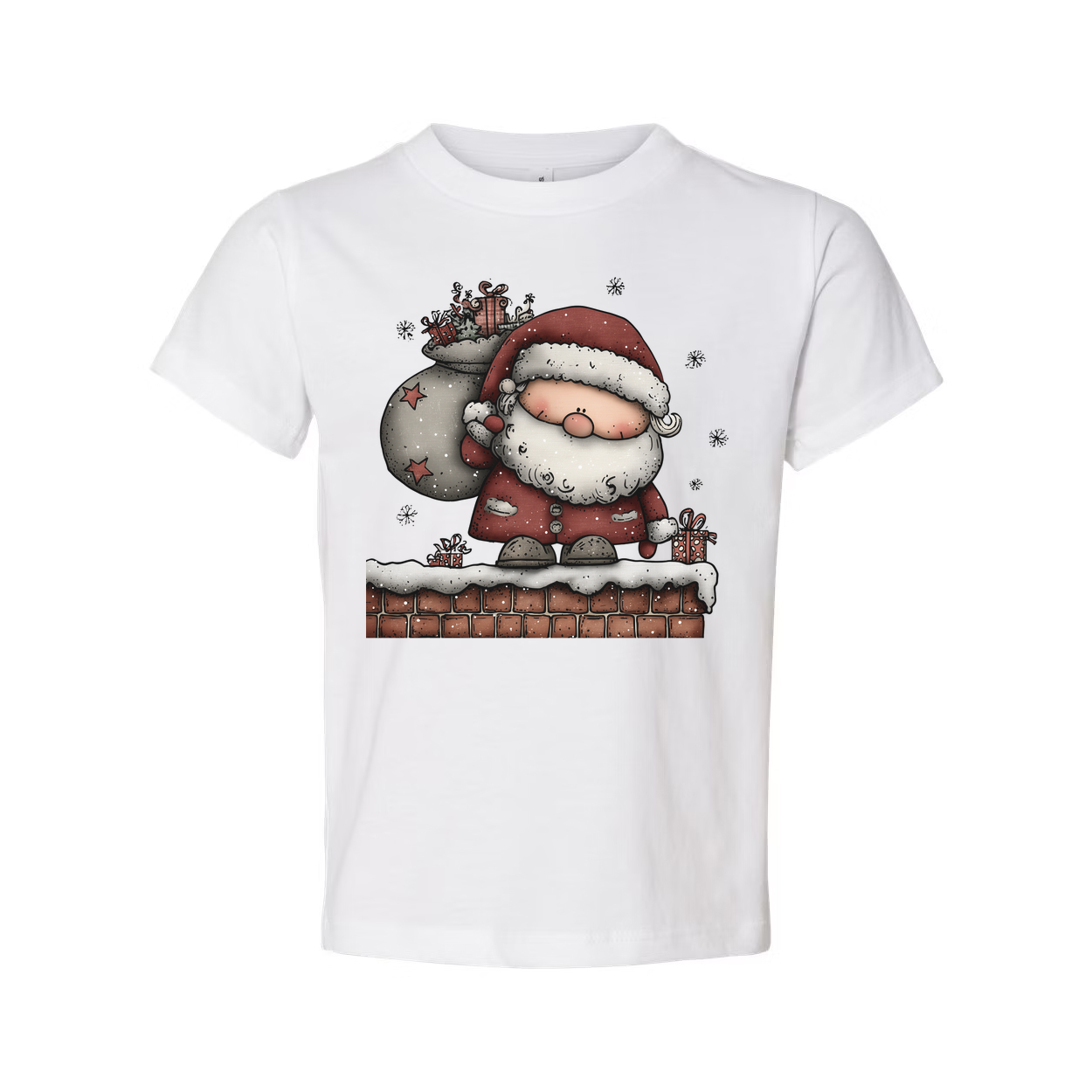Santa Claus Standing On Snowy Chimney With Gift Sack Unisex Christmas Graphic T Shirt