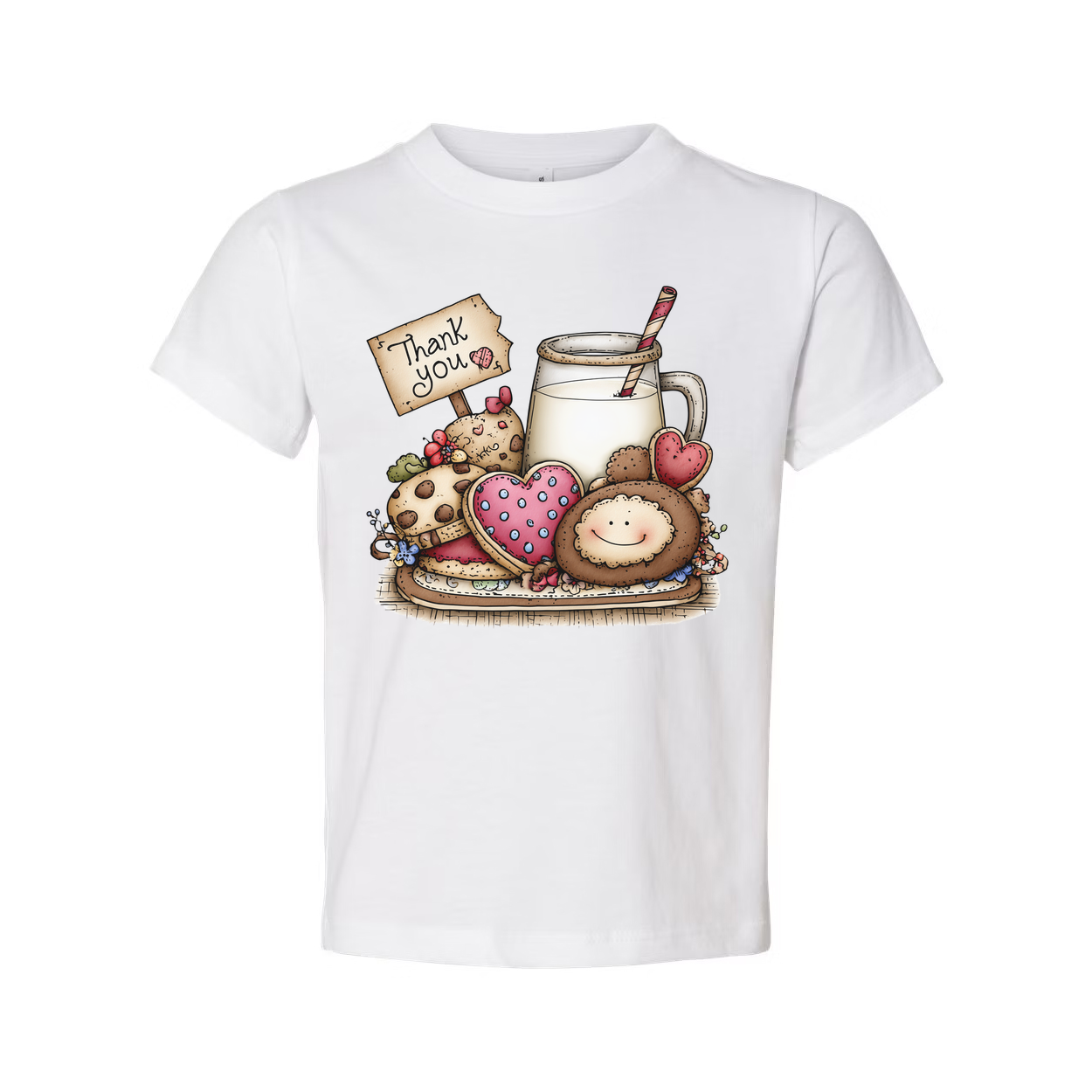 Unisex Graphic T Shirt With Milk And Cookies Illustration And Thank You Sign Print