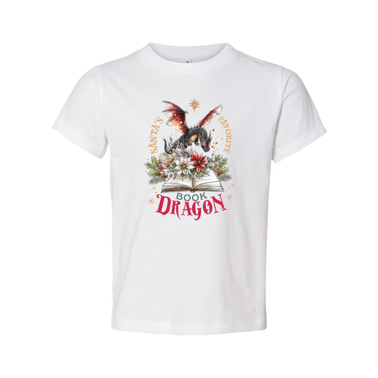 Unisex Christmas T Shirt Featuring A Dragon On An Open Book With Floral Accents And Santas Favorite
