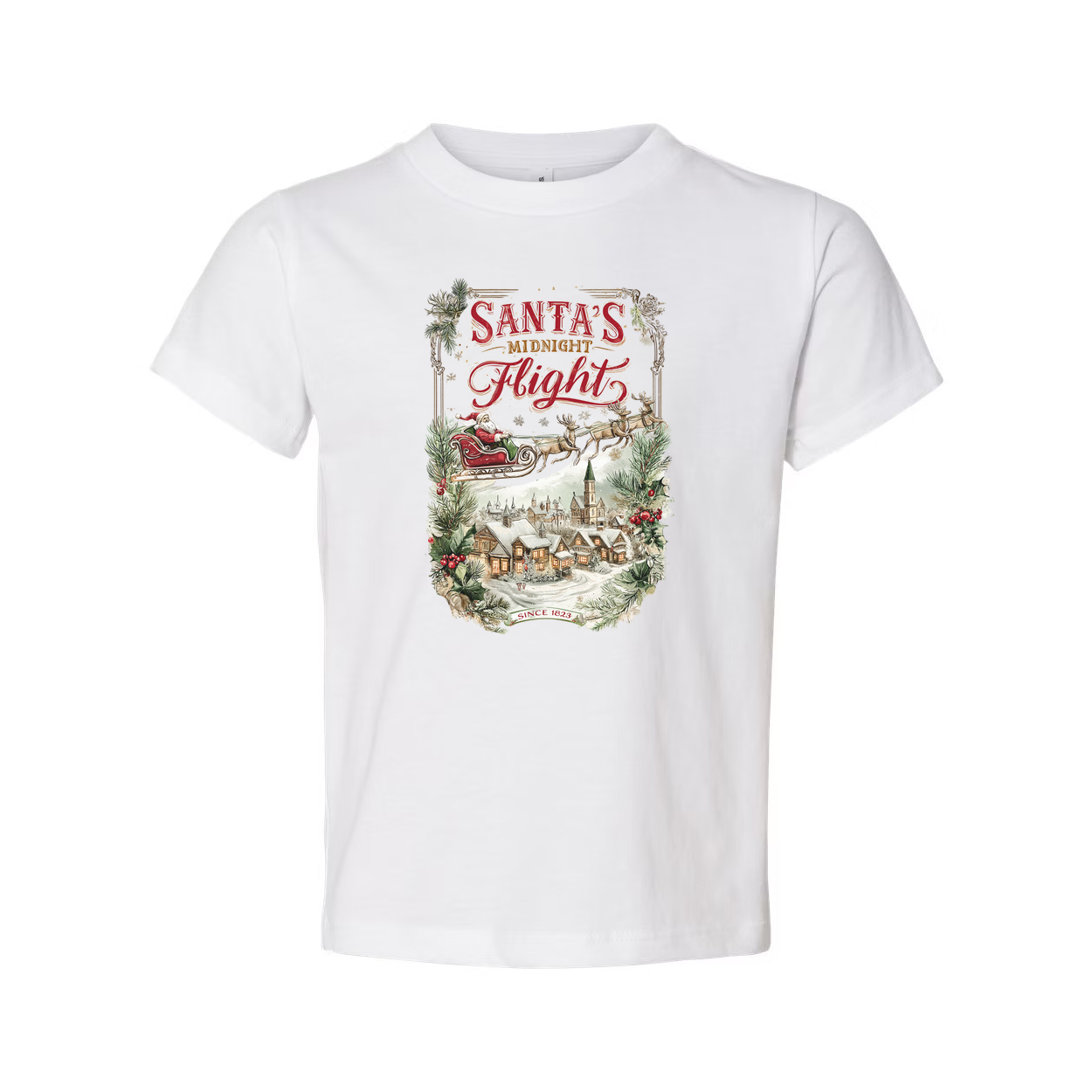 Santa's Midnight Flight Unisex Christmas T Shirt With Vintage Village Scene Festive Design
