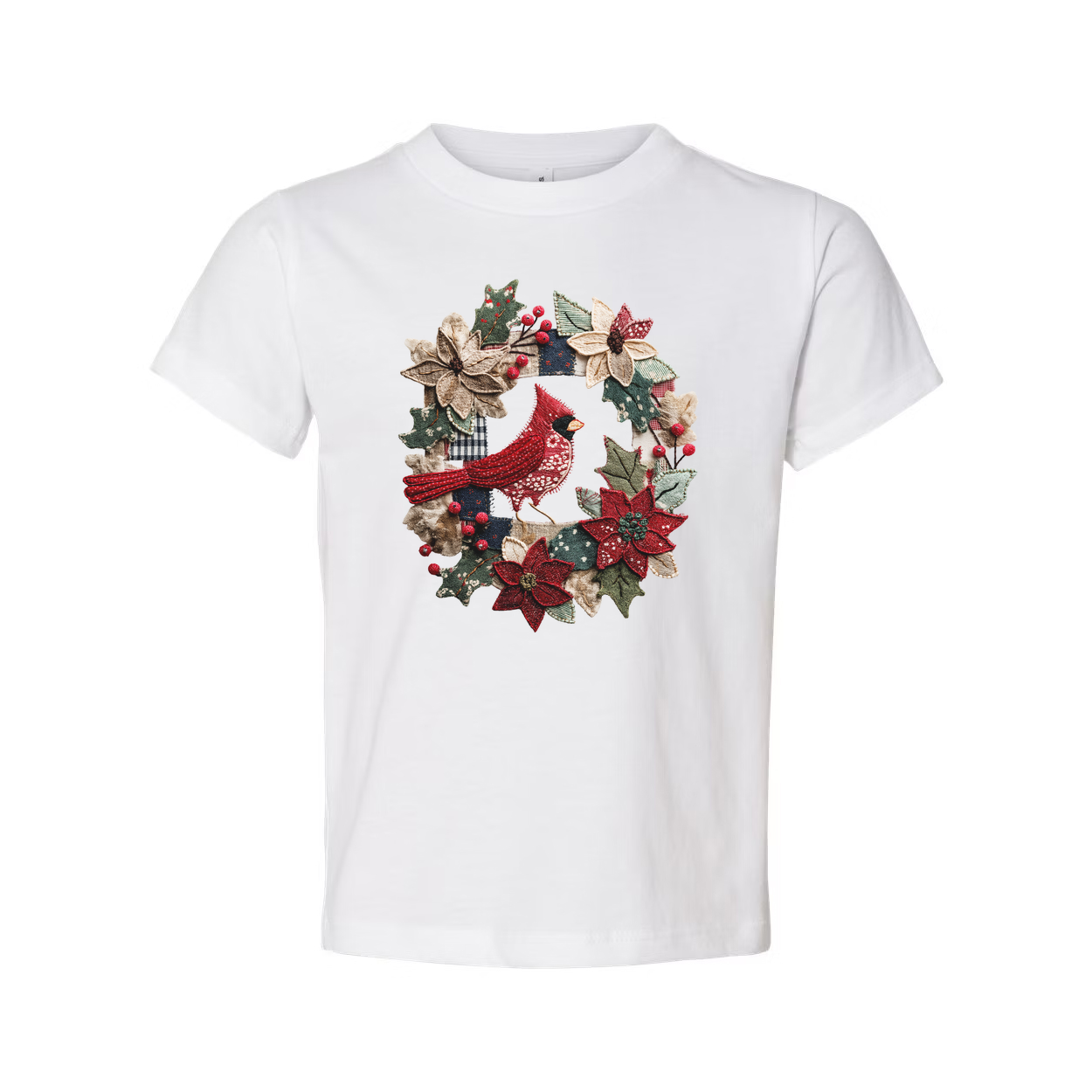 Unisex Christmas T Shirt Featuring Red Cardinal In A Festive Holly And Poinsettia Wreath