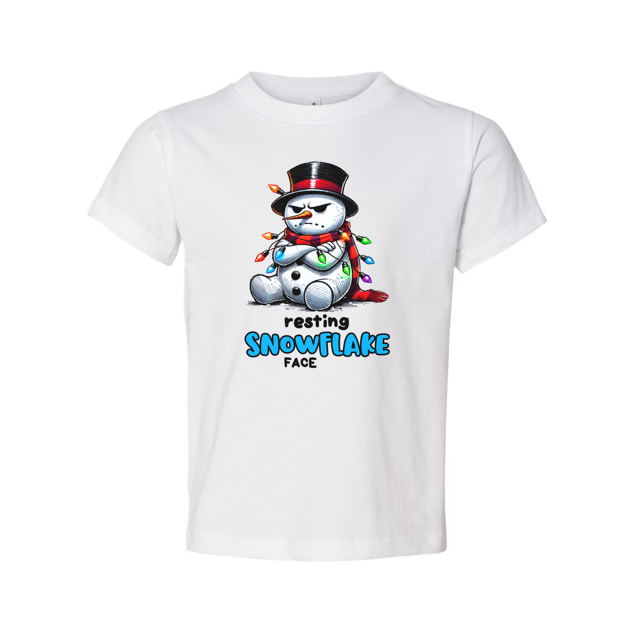 Resting Snowflake Face Snowman T Shirt Unisex Graphic With Christmas Lights And Top Hat
