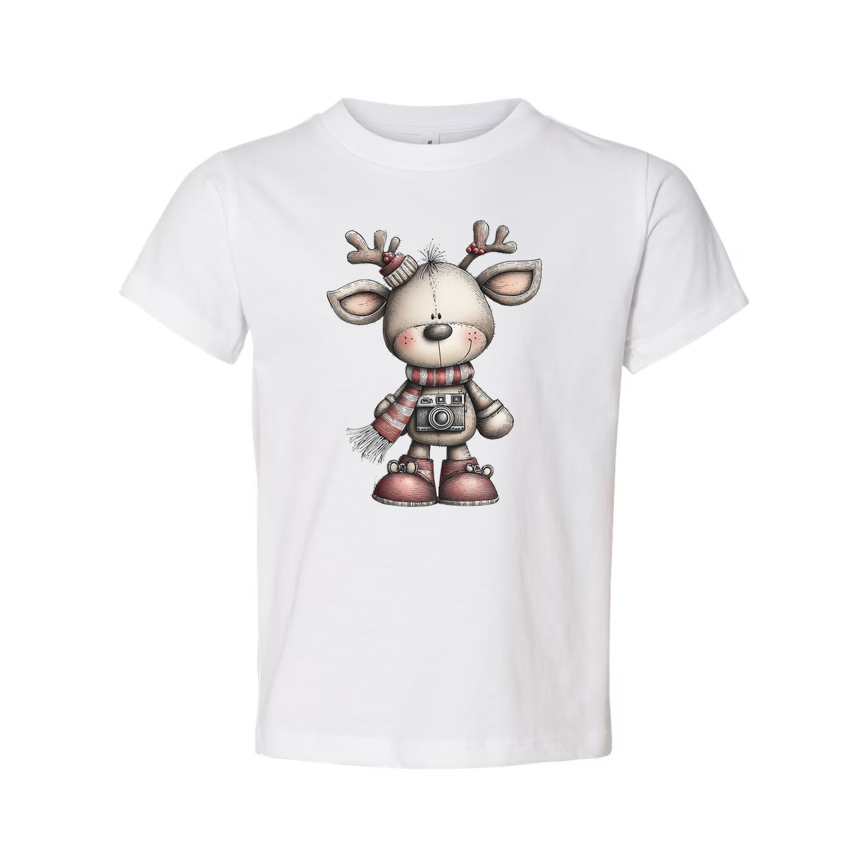 White Unisex Christmas Reindeer Graphic T Shirt With Scarf And Camera Design Illustrated