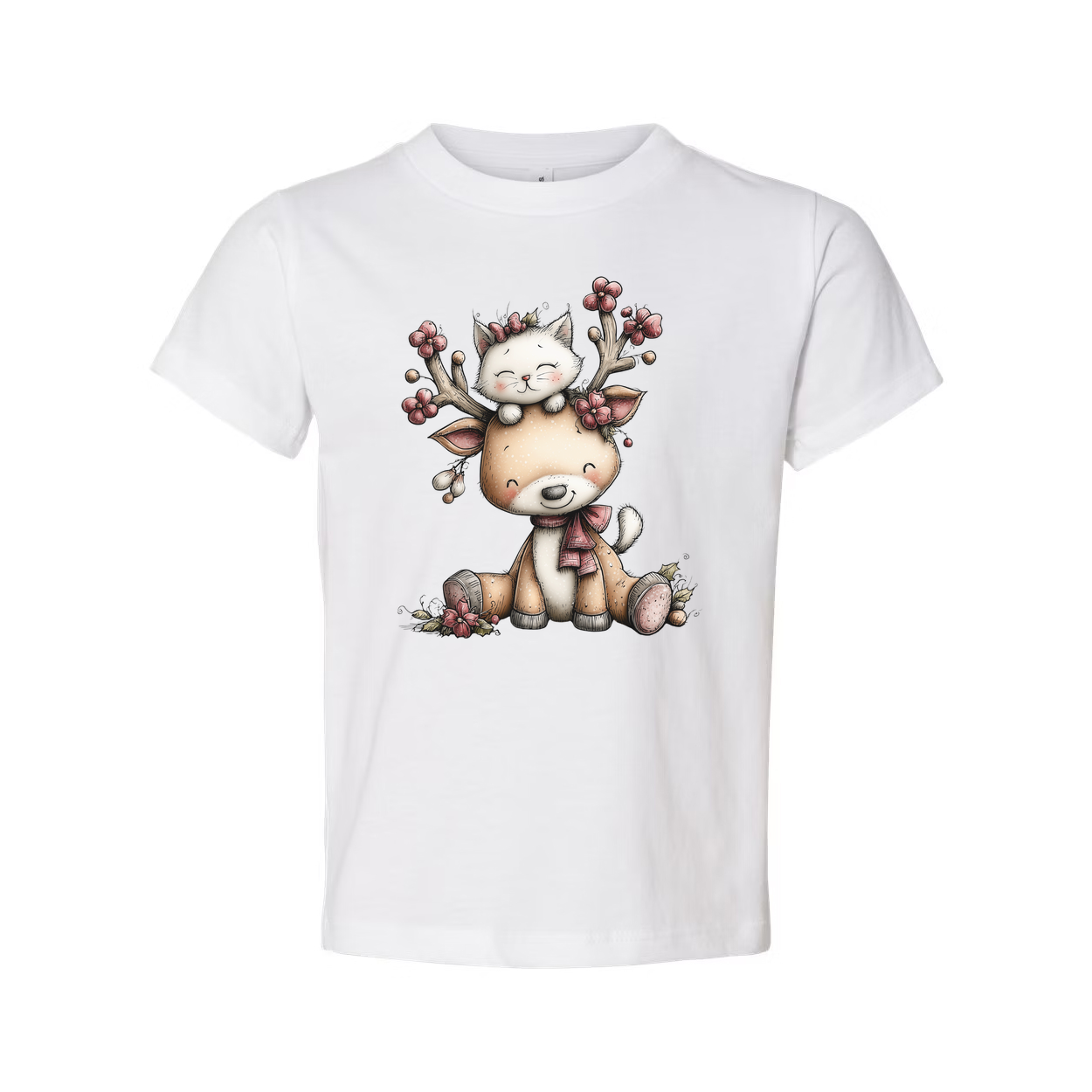 Unisex Christmas T Shirt With Cute Deer And Kitten Graphic Print In Winter Scene