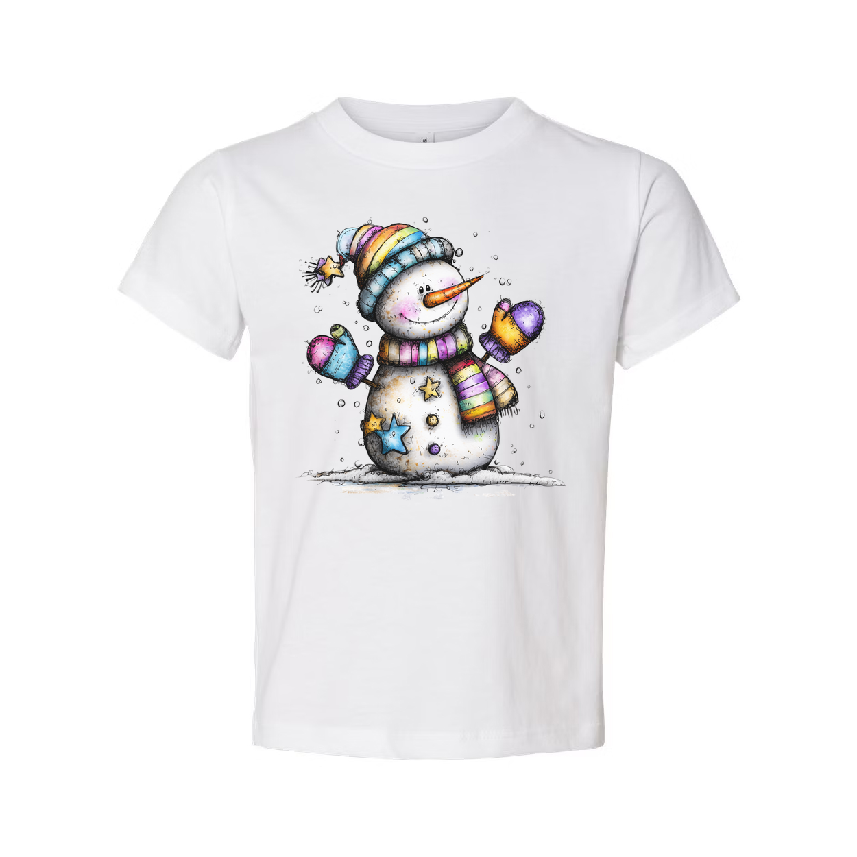 Colorful Snowman T Shirt With Rainbow Scarf And Beanie Christmas Design For Unisex Wear
