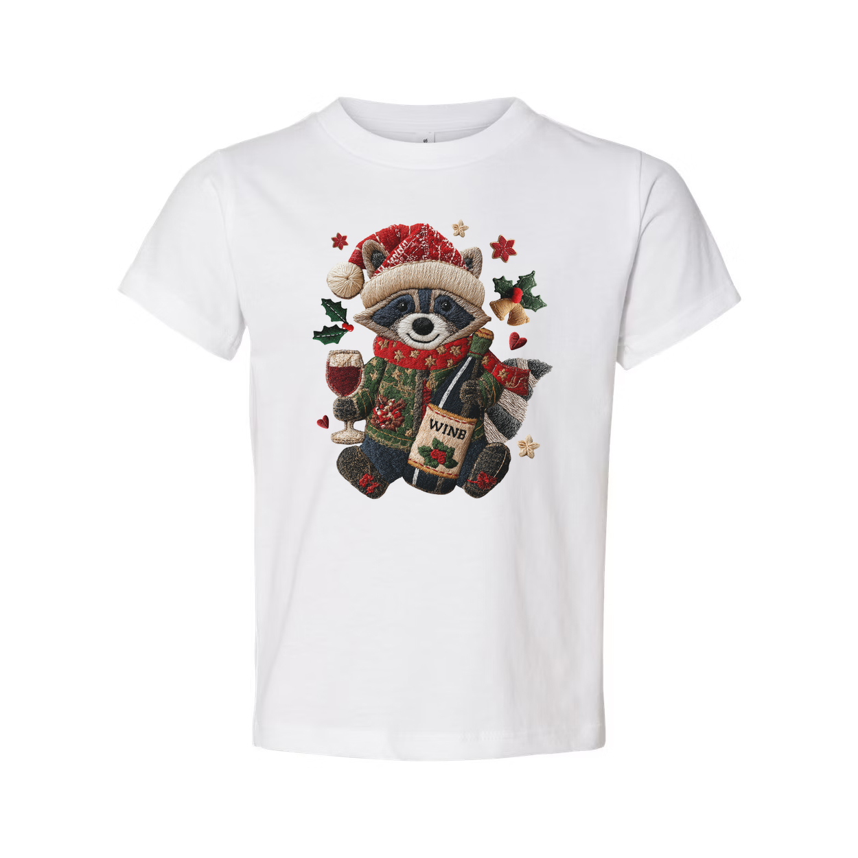 White Unisex Christmas Raccoon Graphic T Shirt With Santa Hat Scarf Wine Bottle And Holly