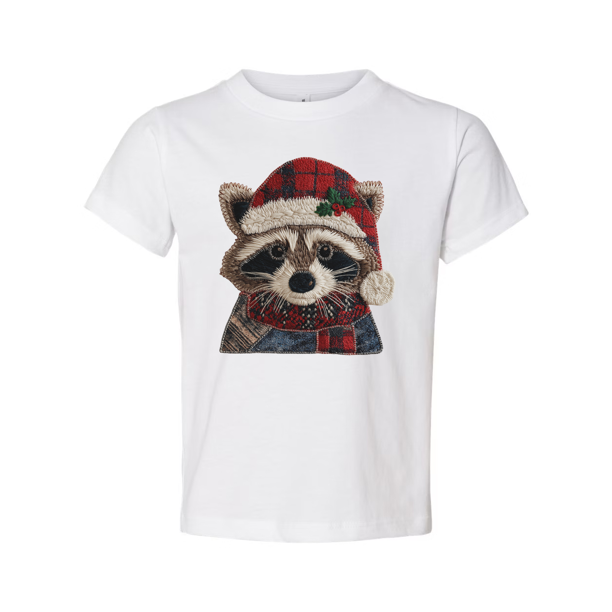 Raccoon Christmas T Shirt With Plaid Santa Hat And Cozy Scarf For Holiday Cheer