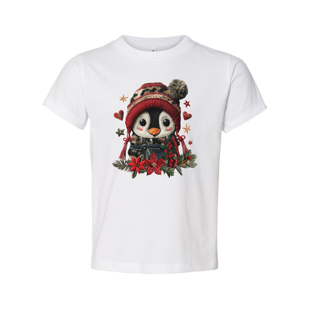 Penguin Christmas Graphic Tee With Red Winter Beanie And Festive Floral Embellishments For Holidays