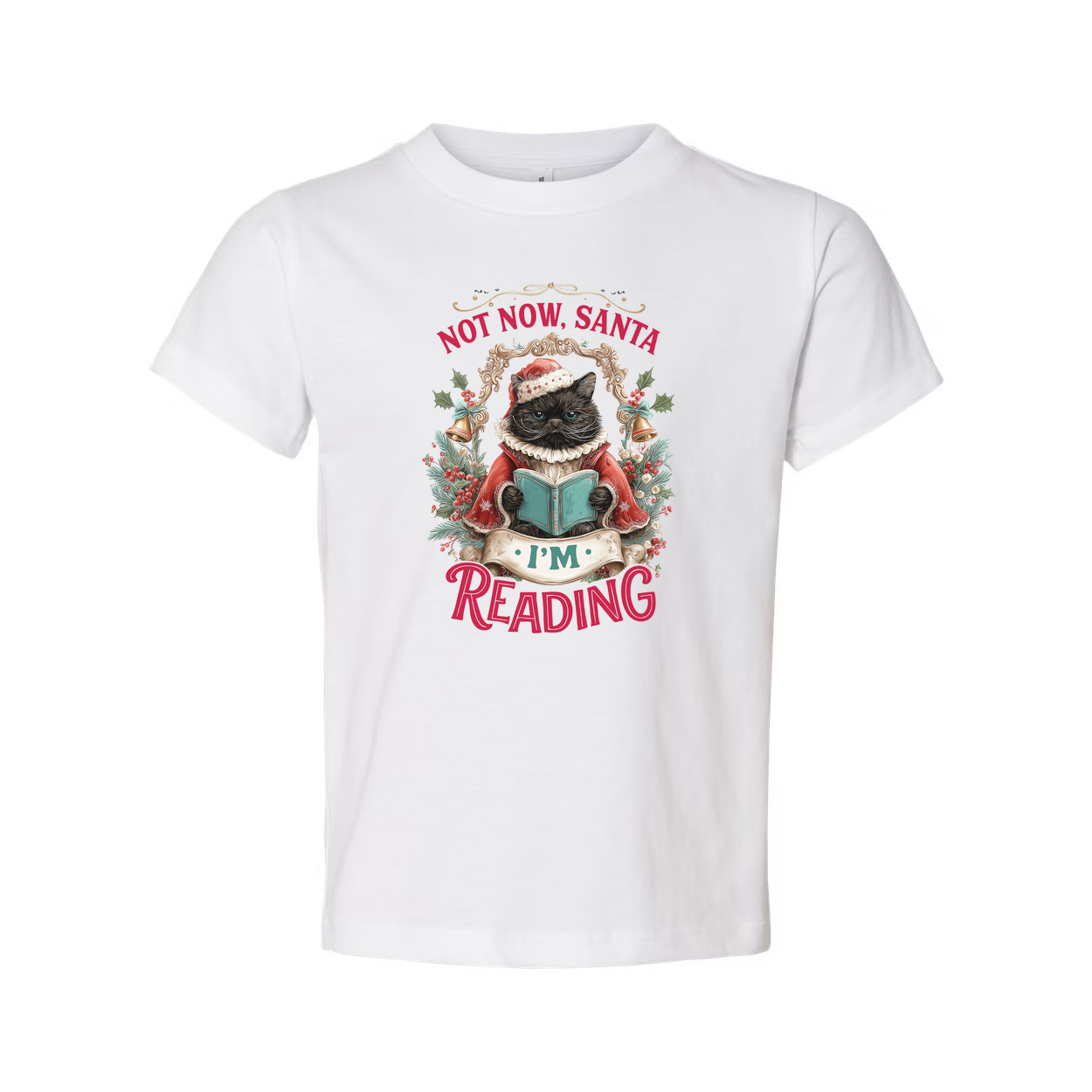Not Now Santa I'm Reading Cat Christmas T Shirt Adorable Festive Graphic Tee for Cat Lovers