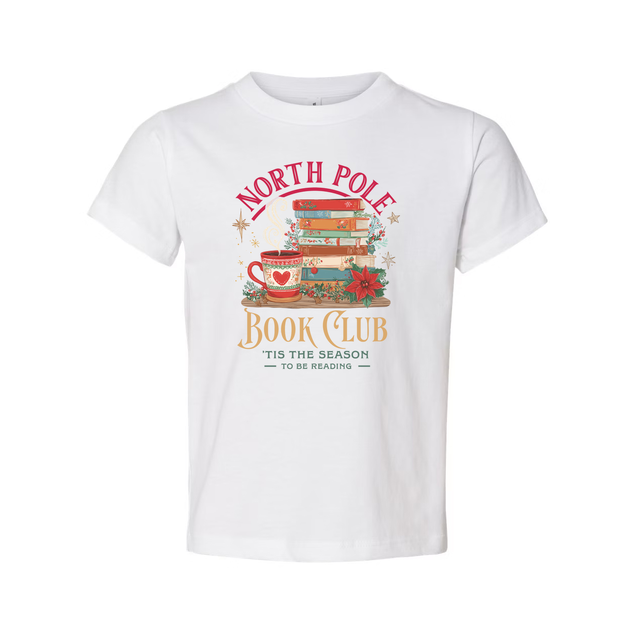 North Pole Book Club T Shirt Christmas Design With Stacked Books And Cozy Mug For Winter Holidays