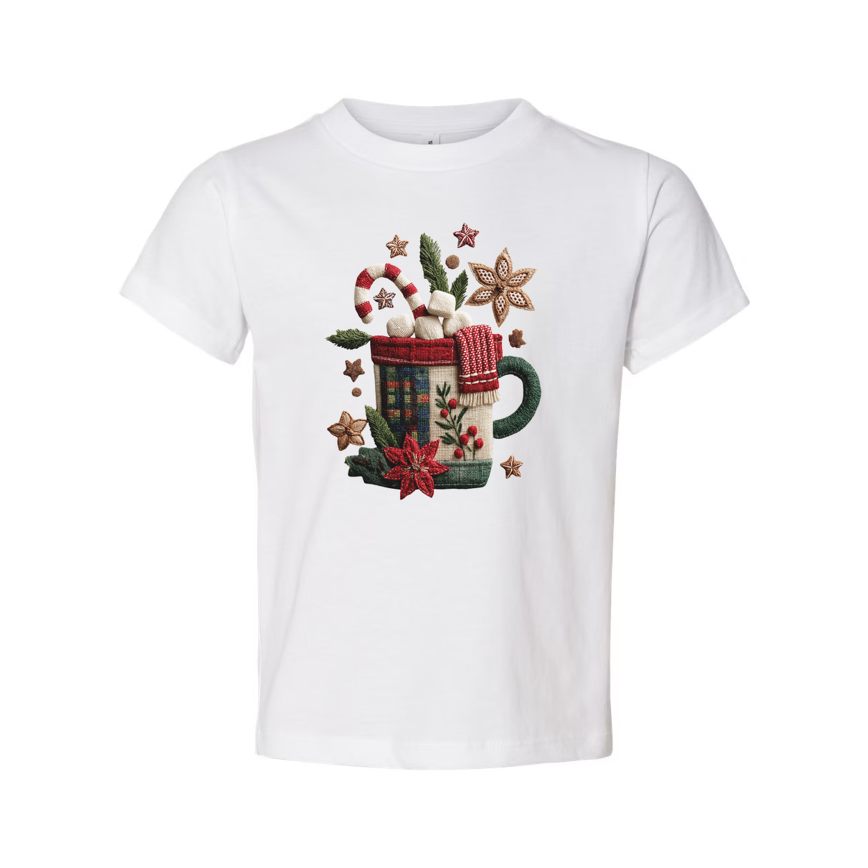 White Unisex Christmas T Shirt With Festive Mug Design Candy Canes Marshmallows And Poinsettias