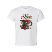 White Unisex Christmas T Shirt With Festive Mug Design Candy Canes Marshmallows And Poinsettias
