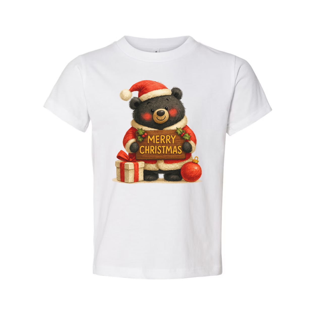 Unisex Christmas T Shirt With Cute Bear Santa Graphic Holding A Merry Christmas Sign