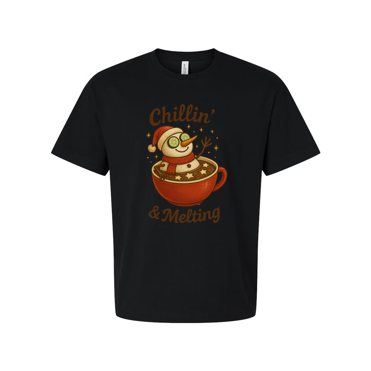 Unisex Christmas T Shirt White Graphic Tee Chillin And Melting Snowman Mug Hot Cocoa Design