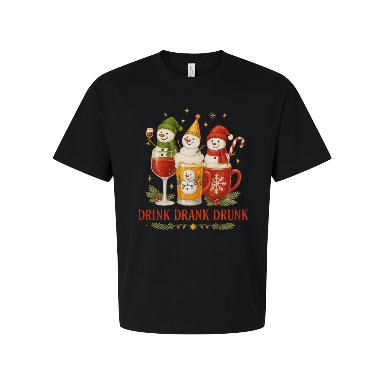 Unisex Christmas T Shirt With Snowmen In Drinks Candy Cane Mug Graphic And The Phrase Drink Drank Drunk