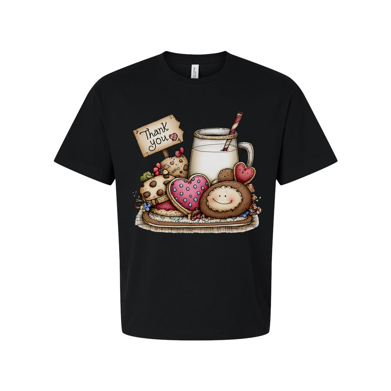 Unisex Graphic T Shirt With Milk And Cookies Illustration And Thank You Sign Print